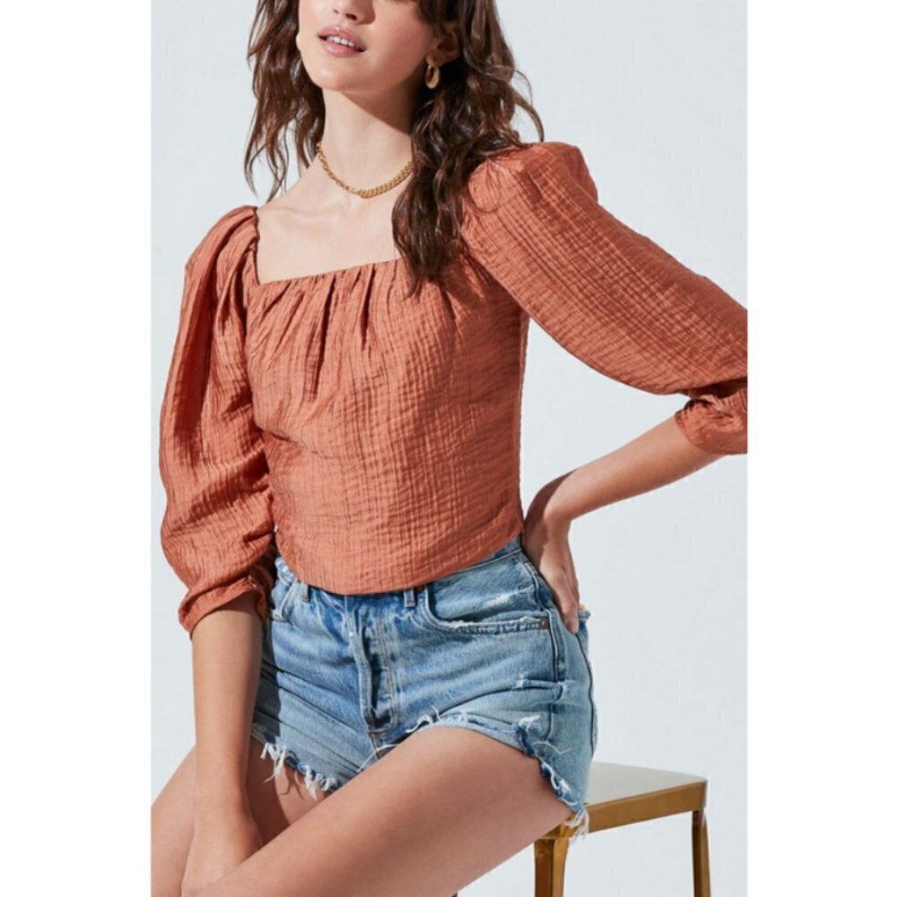 💕ASTR💕 Kemp Puff Sleeve Square Neck Top ~ Warm Brown XS NWT